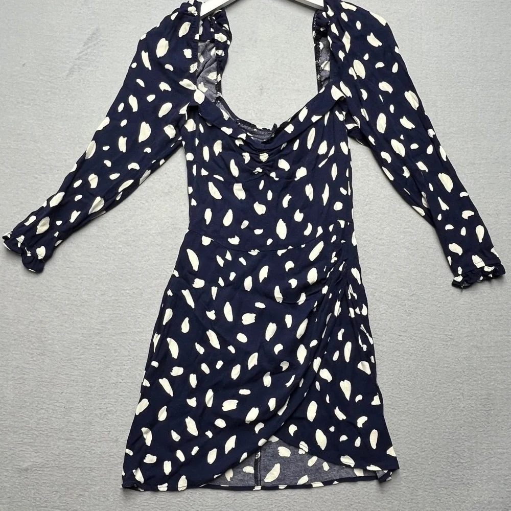 Reformation‎ Cammi Navy Cream Polka Dot Puff Sleeve Mini Dress Size 6